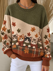 Damen-Sweatshirt mit süßen Katzenmotiven im Herbst- und Winterprint, gerippt, Rundhalsausschnitt