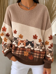 Damen-Sweatshirt mit süßen Katzenmotiven im Herbst- und Winterprint, gerippt, Rundhalsausschnitt