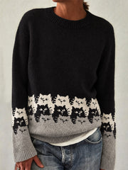 Damenpullover mit niedlichem Katzen-Druck, langärmlig, für Herbst und Winter