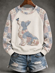 Damen-Patchwork-Sweatshirt mit Hundemotiv-Print, lässig
