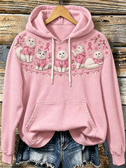 Damen-Kapuzenpullover mit Katzenmuster und rosa Wohltätigkeitsband-Design, lässiger Stil