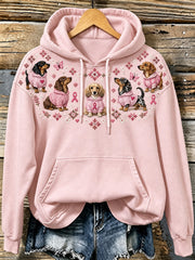 Kapuzenpullover für Damen mit Hunde-Muster und rosa Wohltätigkeitsband-Design, lässiger Stil