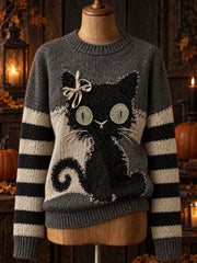 Damen-Halloween-Pullover mit Katzenmuster