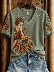 Damen-Herbst-Natur-Porträt Herbst-Botanik-Print T-Shirt mit kurzen Ärmeln