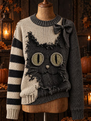 Damen-Halloween-Pullover mit Katzenmuster