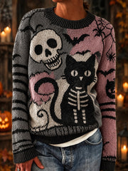 Damen-Halloween-Pullover mit Katzenmuster