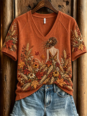 Damen-Herbst-Natur-Porträt Herbst-Botanik-Print T-Shirt mit kurzen Ärmeln