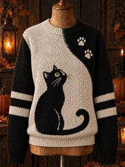 Damen-Halloween-Pullover mit Katzenmuster