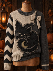 Damen-Halloween-Pullover mit Katzenmuster
