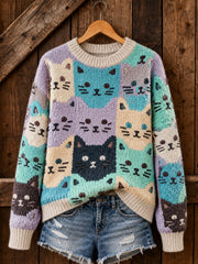 Damen-Katzen-Print-Katzen-Liebhaber-Freizeit-Pullover