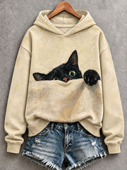 Damen-Sweatshirt im Ölgemälde-Stil mit Katzenmotiv, reguläre Passform