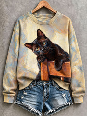 Damen-Sweatshirt im Ölgemälde-Stil mit Katzenmotiv, reguläre Passform