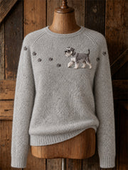 Damen Reizender Schnauzer Hunde-und Pfoten drucke Yoke Print Pullover mit Rundhals ausschnitt