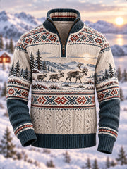 Herren-Flanell-Pullover mit nordischem Tier druck mit halbem Reiß verschluss