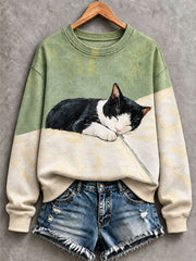 Damen-Sweatshirt im Ölgemälde-Stil mit Katzenmotiv, reguläre Passform