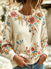 Damen-Strickpullover mit Rundhalsausschnitt, lässig und bequem, mit vintage Blumen-Art-Print