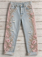 Damen Casual Comfortable Jeans mit Vintage Floral Art Print