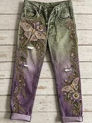Damenjeans im lässigen, bequemen Stil mit Vintage-Blumen-Art-Print
