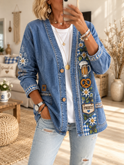 Oktoberfest-Denim-Strickjacke für Damen, lässig