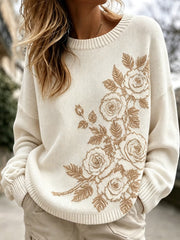 Damen Lässiger, komfortabler Pullover mit Rundhals ausschnitt und Vintage-Blumenkunst druck