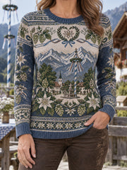 Langärmeliger Damenpullover mit ländlichem Landschaftsmotiv