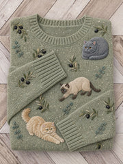 Damen Reizende Katzen & Waldblätter Blumenmuster Print Rundhals pullover