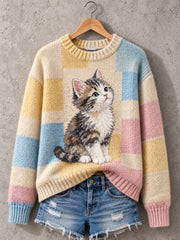 Damen-Katzen-Print-Katzen-Liebhaber-Freizeit-Pullover
