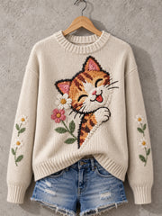 Damen-Liebhaberpullover mit niedlichem Katzenmuster, lässig
