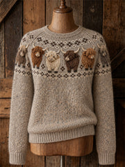 Damen Vintage Highland Cows Yoke Isle Print Pullover mit Rundhals ausschnitt