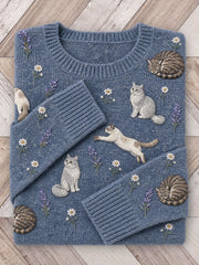 Damenpullover mit runder Ausschnitt und lieblichem Blumenmuster aus Katzen und Waldblättern
