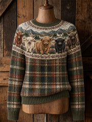 Damen Vintage Highland Cows Schottland Landschaft & Tartan Yoke Isle Print Pullover mit Rundhals ausschnitt