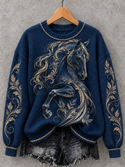 Damen-Vintage-Pullover mit Pferde-Art-Print und Rundhalsausschnitt