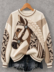 Damen-Vintage-Pullover mit Pferde-Art-Print und Rundhalsausschnitt