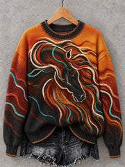 Damen-Vintage-Pullover mit Pferde-Art-Print und Rundhalsausschnitt
