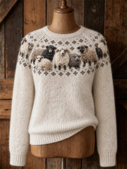 Damen Vintage Fuzzy Sheep Yoke Isle Print Pullover mit Rundhals ausschnitt