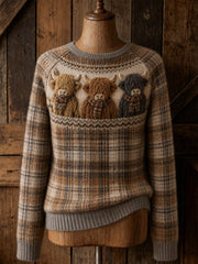 Damen-Pullover im Vintage-Stil mit Motiv von Hochlandkühen und schottischem Tartanmuster, Rundhalsausschnitt