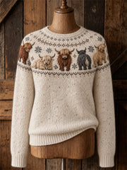 Damen-Pullover im Vintage-Stil mit Yoke-Isle-Print und Rundhalsausschnitt, Motiv: Hochlandrinder