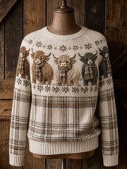 Damen-Pullover im Vintage-Stil mit Motiv von Hochlandkühen und schottischem Tartanmuster, Rundhalsausschnitt