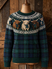 Damen-Pullover im Vintage-Stil mit Motiv von Hochlandkühen und schottischem Tartanmuster, Rundhalsausschnitt