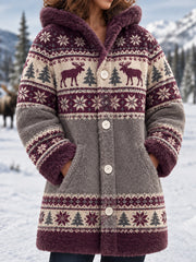 Damen-Wintermantel aus Flanell mit Elch-Print und Kapuze, lässig geschnitten