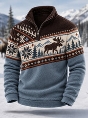Herren Winter Elch Print Lässiger Reiß verschluss Flanell Pullover