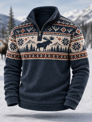 Herren-Winter-Flanellpullover mit Elchdruck und Reißverschluss, lässig geschnitten