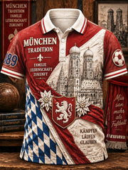 Herren-Poloshirt in Freizeitoptik mit Fußball- und Bayern-München-Motiven, deutscher Bundesliga-Stil