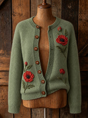 Damen-Strickjacke im Cardigan-Stil mit elegantem Mohnblumen-Blumenmuster