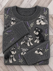 Damen Vintage Schnauzer Hunde & Lavendel Blumen druck Pullover mit Rundhals ausschnitt