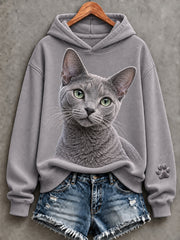 Damen niedlicher russischer blauer Katzen druck bequemer Kapuzen pullover