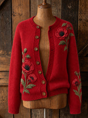 Damen-Strickjacke im Cardigan-Stil mit elegantem Mohnblumen-Blumenmuster