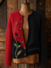 Damen-Strickjacke im Cardigan-Stil mit elegantem Mohnblumen-Blumenmuster und Kontrastfarben