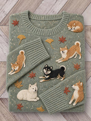 Damen Vintage Shiba Inu Hunde & Herbst blätter Print Rundhals pullover