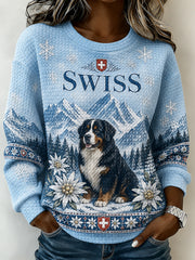 Damen-Sweatshirt mit Schneeberg- und Tiermuster, Waffelstruktur und langen Ärmeln
